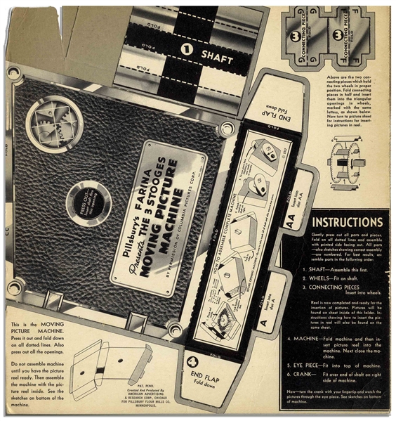 ''The 3 Stooges Moving Picture Machine'' Made by Pillsbury Farina -- Unassembled Cardboard Slide Projector Includes 49 Slides From ''False Alarms'' -- Missing Last 7 Slides, Else Very Good